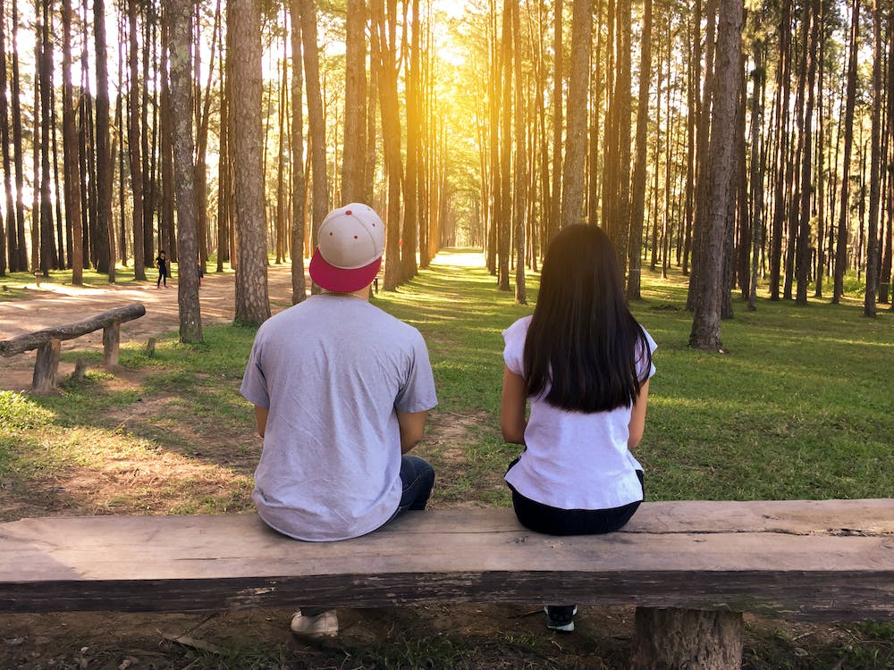 Free Man and Woman Sitting on Bench in Woods Stock Photo