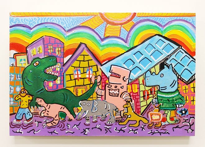 Clint Stone and Alex Geddes teamed up to create artworks, including the painting "Parade," for AutismOklahoma.org's new exhibit "Duets: Art Within and Beyond the Spectrum." The exhibit will be on view in the Paseo Arts District during April, which is National Autism Awareness Month.